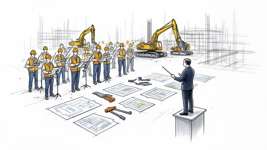 A conductor leads construction workers like an orchestra on a site with blueprints and excavators.