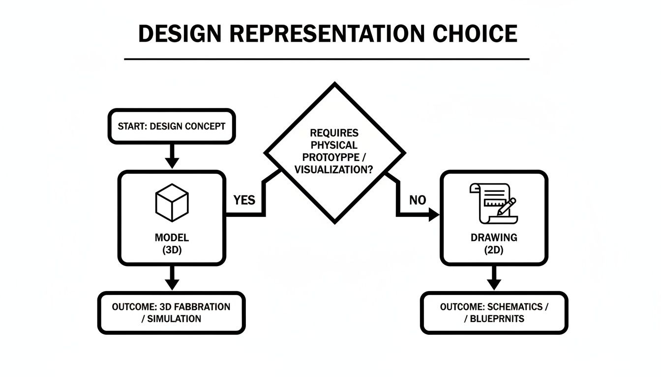 Flowchart illustrating design representation choice: 3D modeling for prototypes or 2D drawing for schematics.