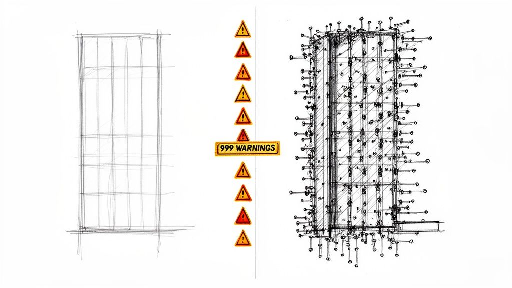 Architectural sketches showing a simple building and a complex one with many warnings.
