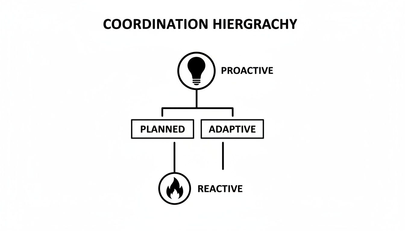 Coordination hierarchy diagram showing proactive, planned, adaptive, and reactive approaches in a structured flow.