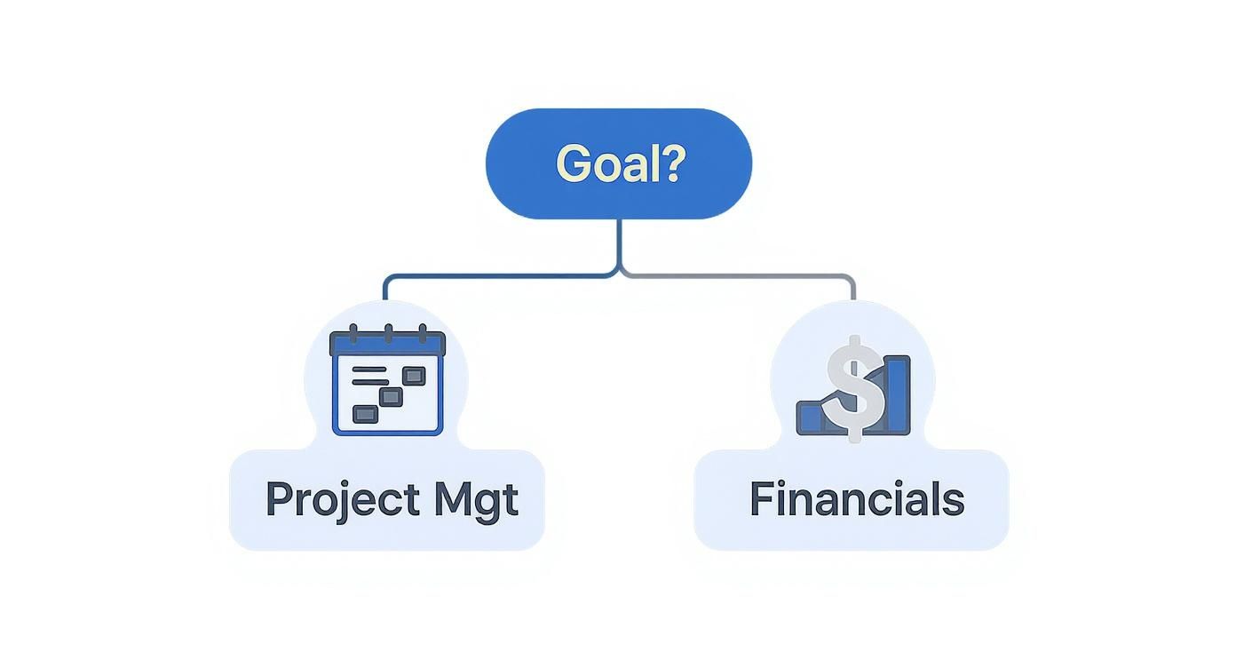 A flowchart showing 'Goal?' branching into 'Project Mgt' with a calendar and 'Financials' with a dollar sign.
