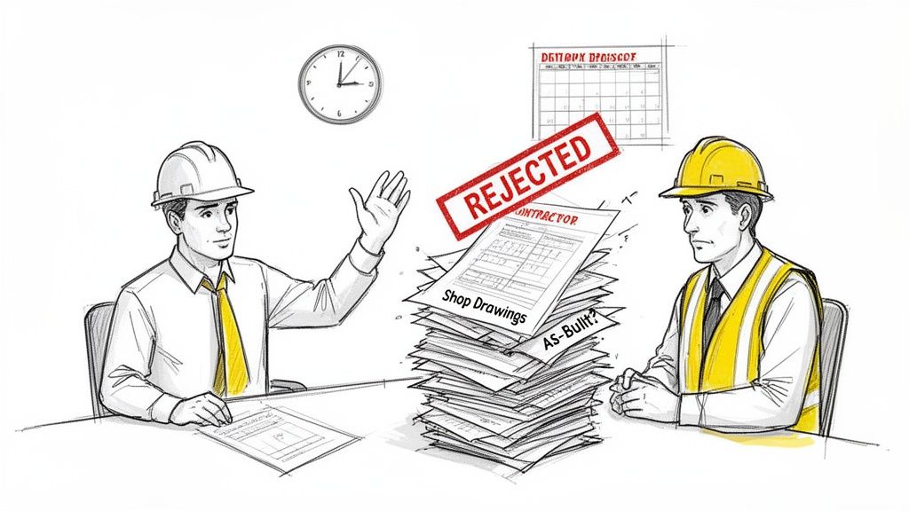 Two construction professionals review a stack of rejected shop drawings and as-built documents at a desk.