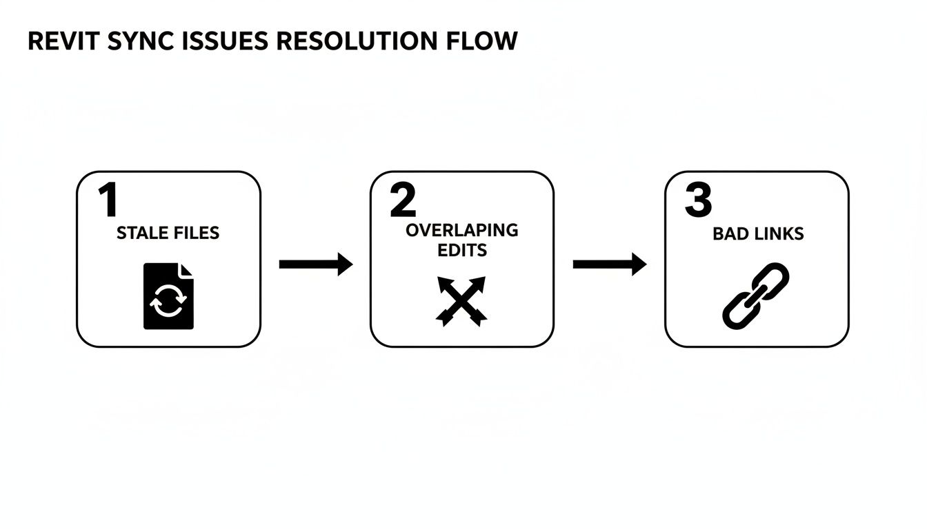 Diagram illustrating the Revit sync issues resolution flow, addressing stale files, overlapping edits, and bad links.