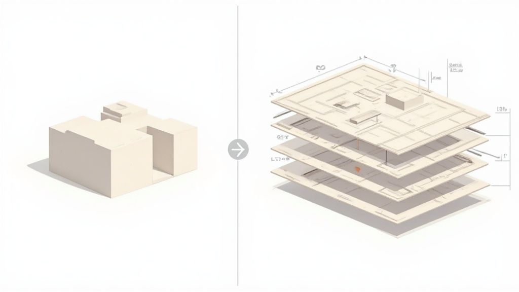 A detailed architectural BIM model showing intricate layers of structural and MEP systems.