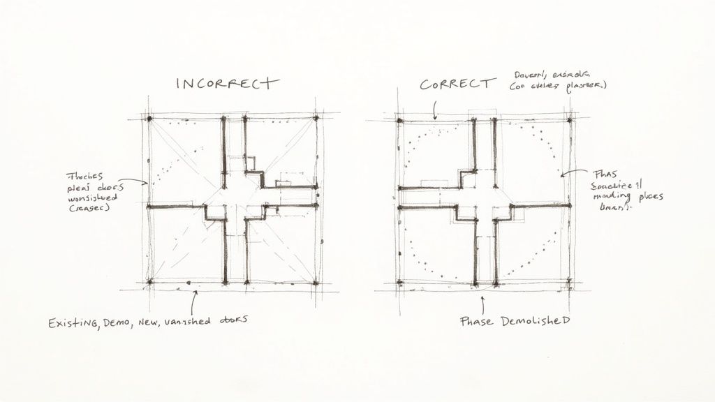 Hand-drawn architectural sketches comparing incorrect and correct methods for representing building phases and demolition.
