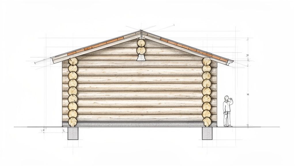 Detailed architectural drawing of a log home elevation, showcasing log walls, gabled roof, and foundation.