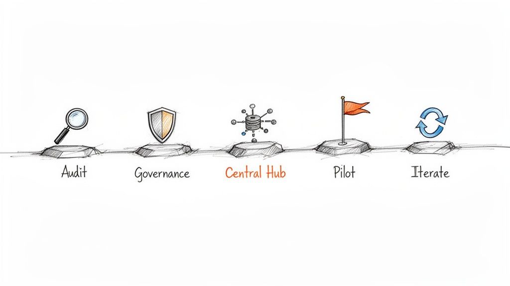 A visual process showing five stages: Audit, Governance, Central Hub, Pilot, and Iterate, each with an icon.