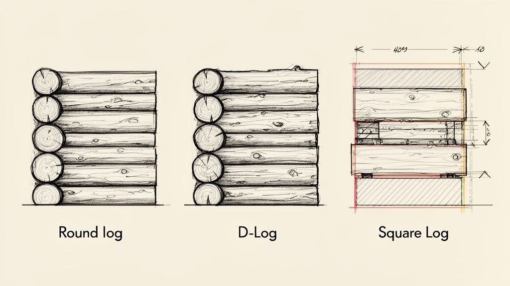 Illustrations comparing three types of log construction: round log, D-log, and square log, with architectural details.