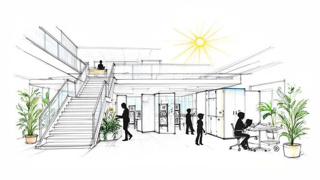 An architectural sketch of a bright, multi-level school interior with people, stairs, and plants.
