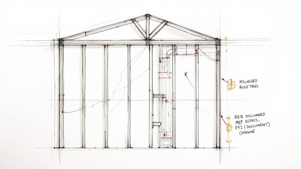 Detailed architectural sketch of a wood-framed building cross-section with MEP pipes and roof structure annotations.