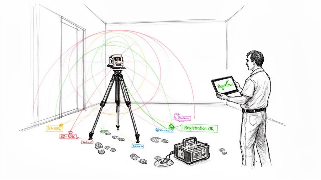 A man operates a 3D laser scanner with a tablet, mapping a room and showing data registration progress.