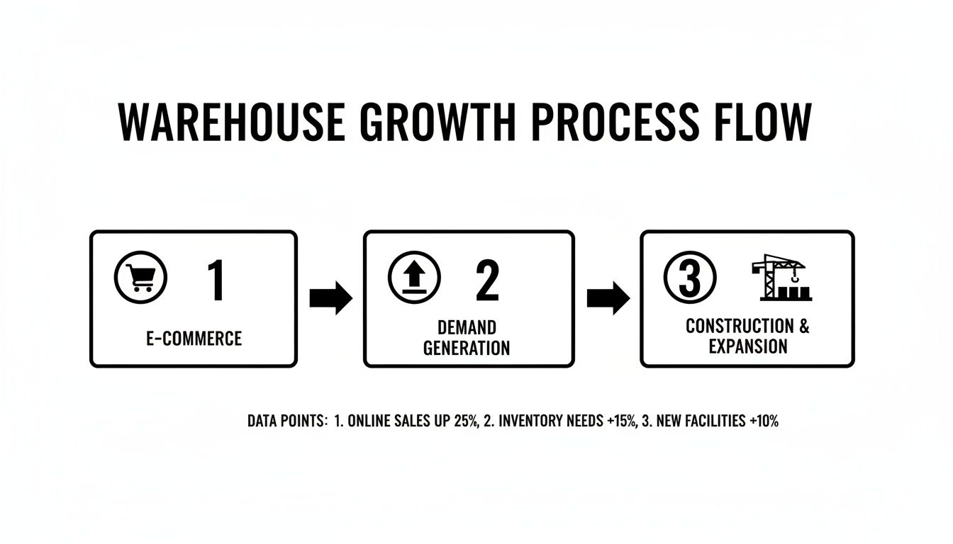 A diagram illustrating the warehouse growth process flow, from e-commerce to construction and expansion.