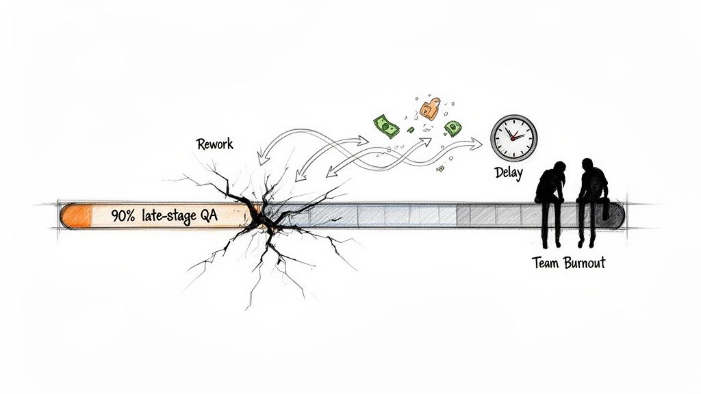 An illustration showing late-stage QA causing rework, financial loss, project delays, and team burnout on a broken progress bar.