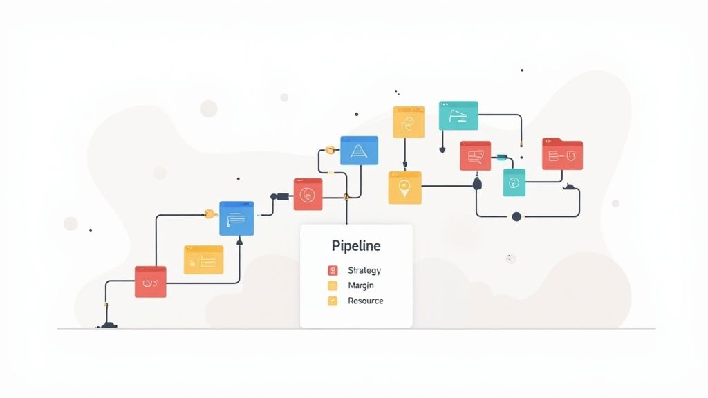 A detailed project priority matrix on a whiteboard, showcasing objective scoring criteria for new work.
