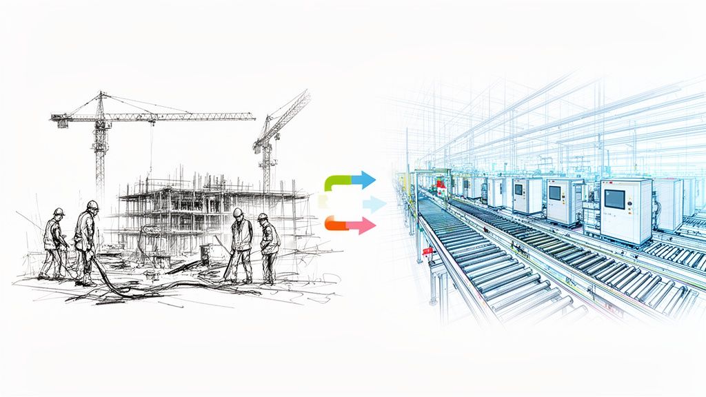 Sketch of a construction site with workers and an automated factory line, depicting a building method shift.