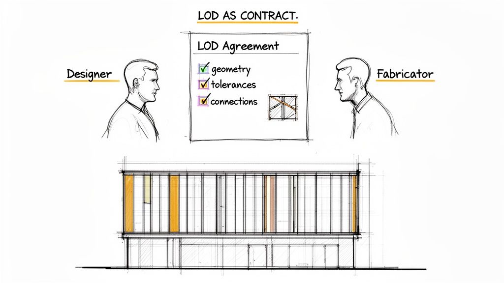 Illustration showing a designer and fabricator agreeing on LOD contract elements like geometry, tolerances, and connections for a building facade.