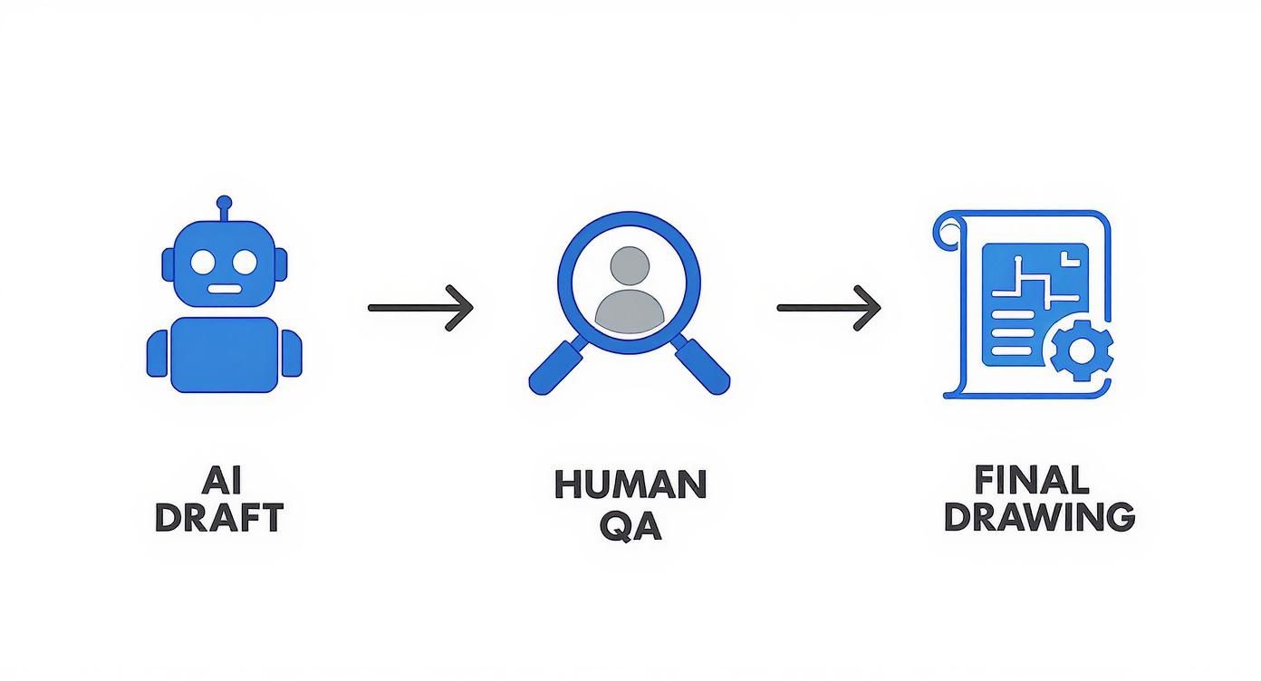 A workflow diagram showing an AI draft, followed by human quality assurance, leading to a final drawing.