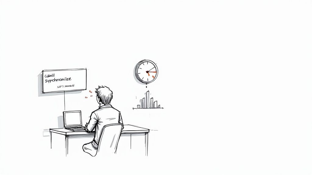 A sketch shows a person at a desk with a laptop, looking at a screen displaying "Synchronize," next to a clock and bar graph.