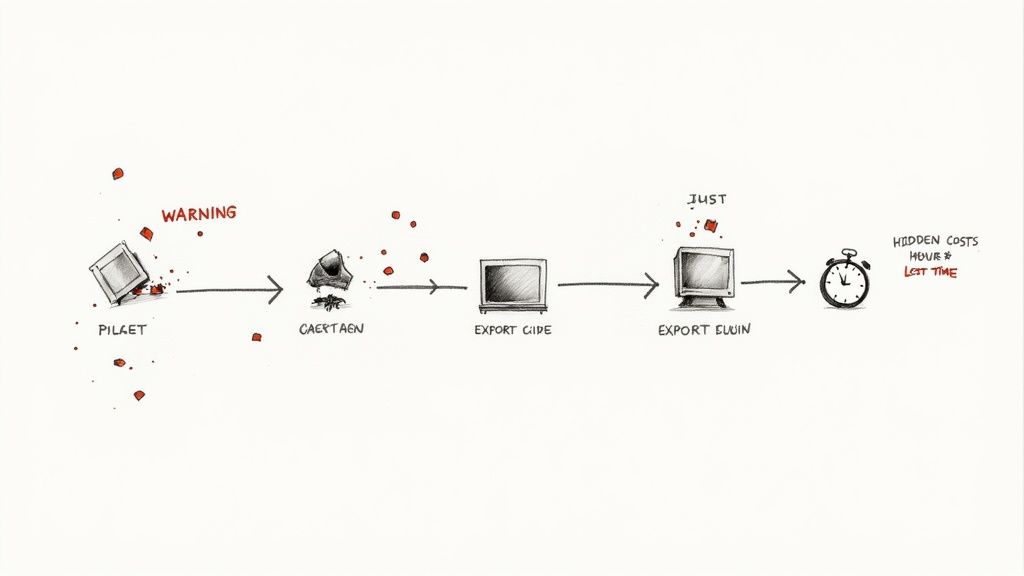 A diagram illustrates a broken and inefficient process flow, highlighting hidden costs and lost time through various stages.