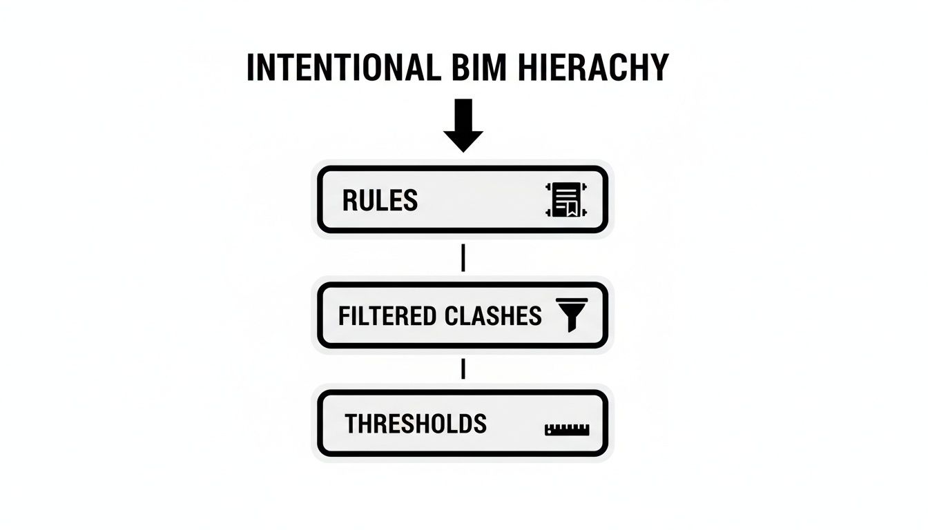 Flowchart illustrating the intentional BIM hierarchy, detailing rules, filtered clashes, and thresholds for BIM coordination.