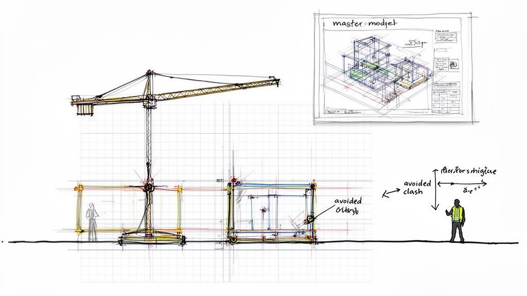 Detailed sketches of a tower crane, modular building designs, and figures demonstrating 'avoided clash'.