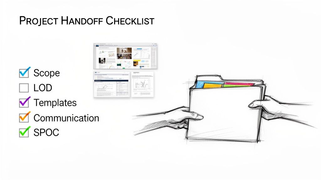 A Project Handoff Checklist with Scope, Templates, Communication, and SPOC marked as complete.