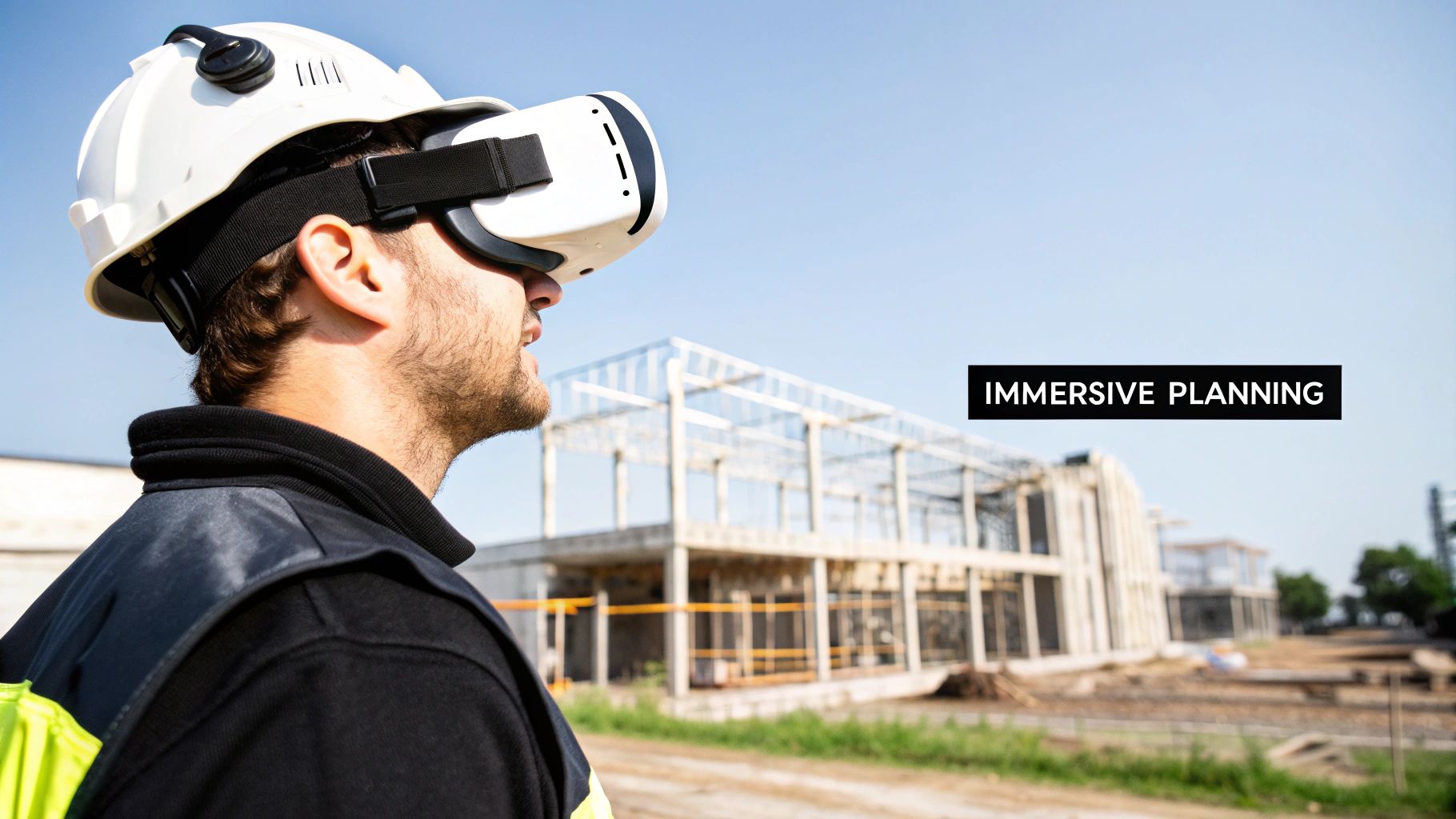 A construction worker on a job site wearing an AR headset, viewing a digital overlay of MEP systems on the physical structure, demonstrating the power of AR and VR in construction.