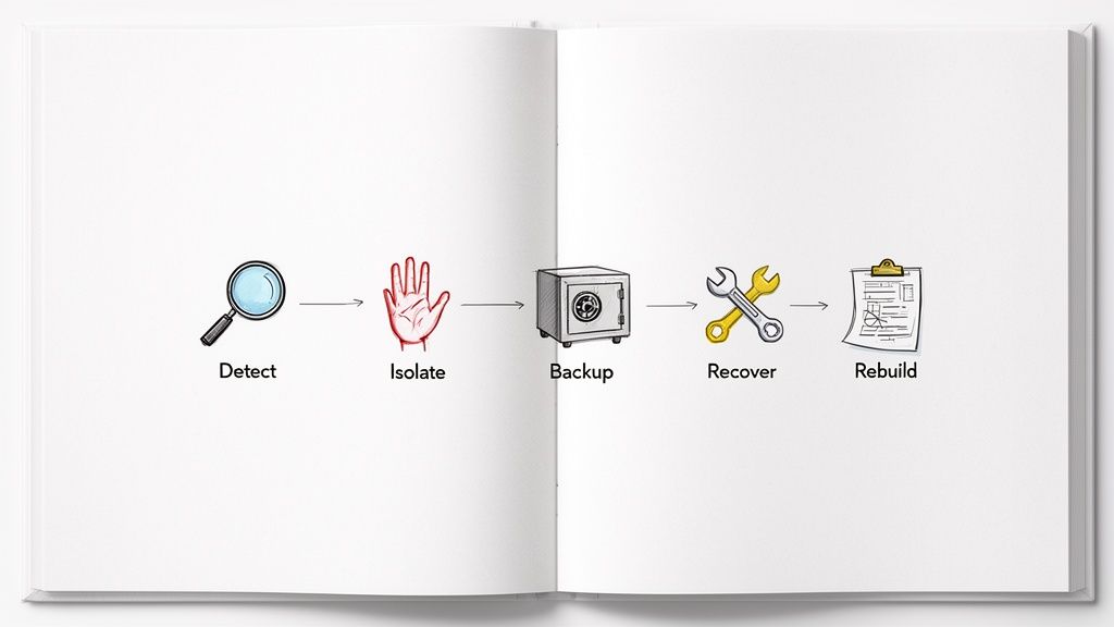 A diagram illustrates a five-step recovery process: Detect, Isolate, Backup, Recover, and Rebuild.