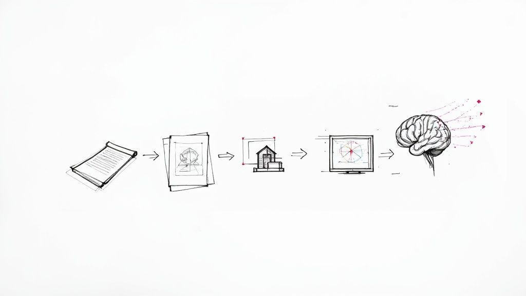 Conceptual drawings illustrating a construction design process from initial sketches to 3D modeling, data visualization, and human thought.