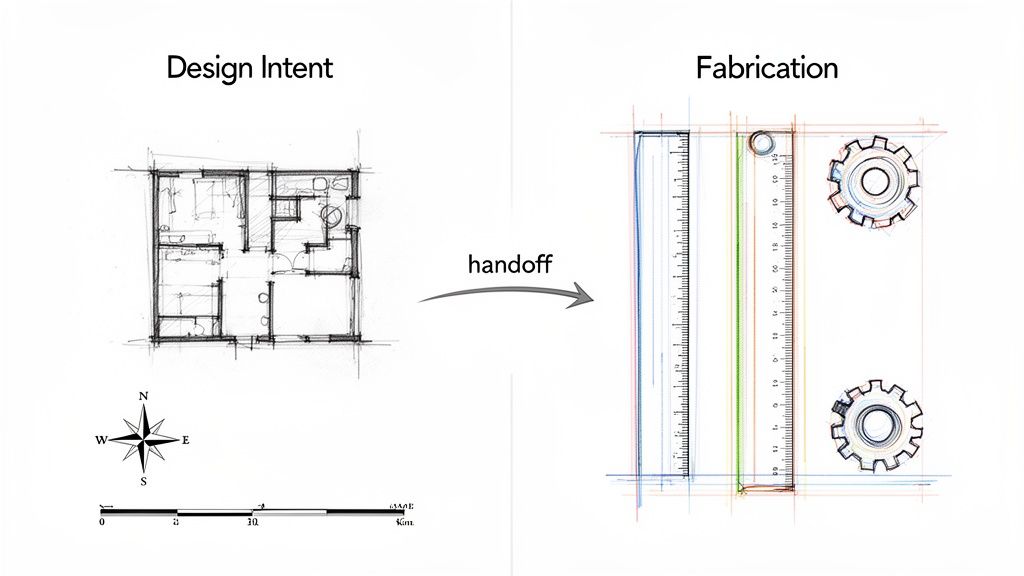 Image illustrates the handoff from a conceptual architectural design intent to precise fabrication drawings.