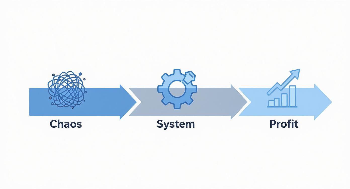 Infographic showing the process flow from software chaos to system-driven profitability