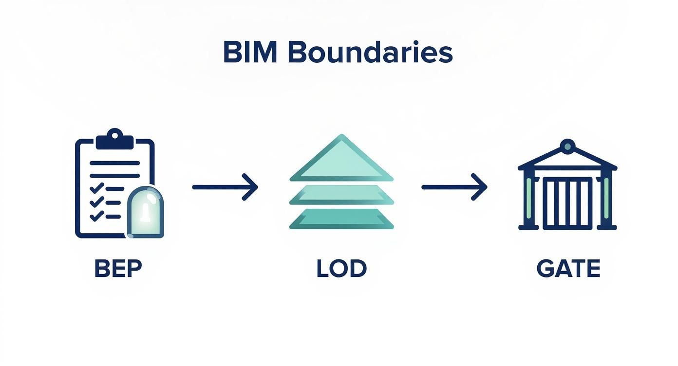 Infographic showing a process flow from BIM Execution Plan (BEP) to Level of Development (LOD) and then to a decision gate, illustrating how structured BIM boundaries help in managing project scope creep.