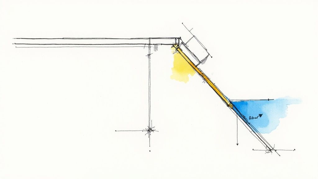 Architectural sketch showing skylight installation detail with natural light entering through angled roof opening