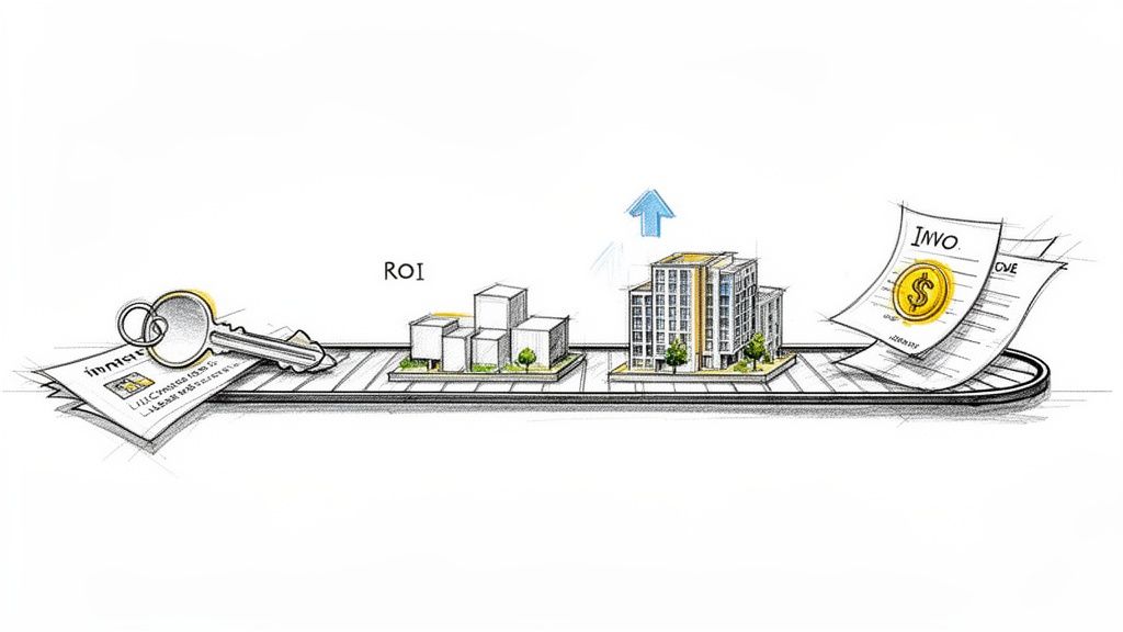 Illustration depicting a journey from a key and initial investment to real estate development, growth, and financial return on investment.
