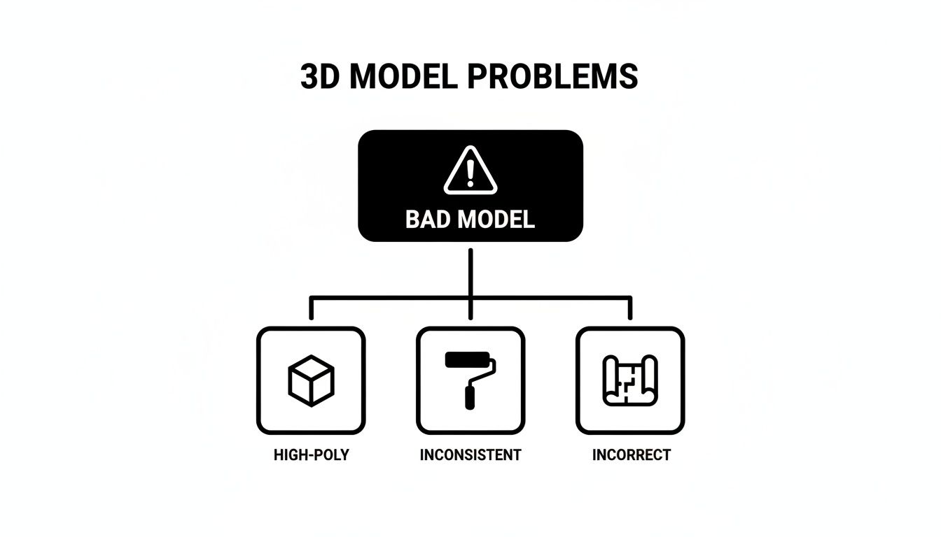 A flowchart showing 3D model problems, including high-poly, inconsistent, and incorrect models.