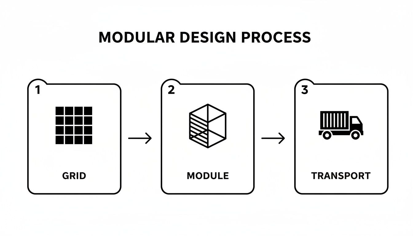 A clear diagram illustrating the modular design process, from grid layout to module assembly and transport.