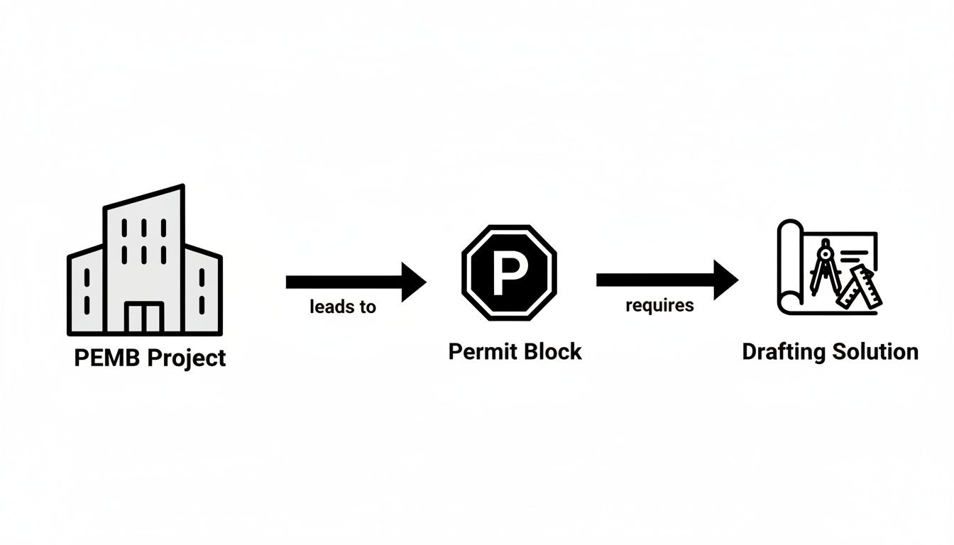 Flowchart showing a PEMB Project leads to a Permit Block, which requires a Drafting Solution.