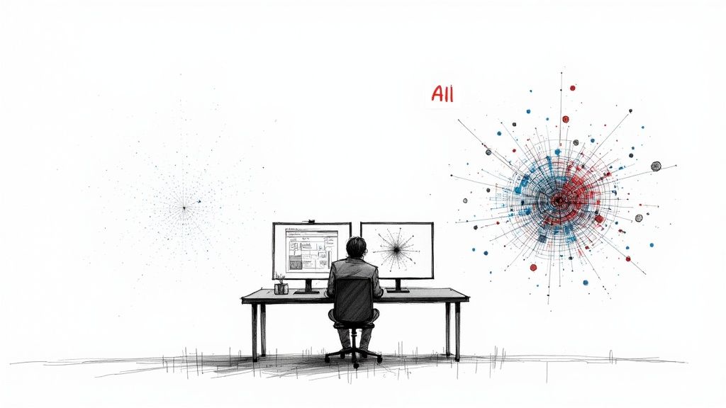 A person views complex data visualizations on dual monitors at a desk.