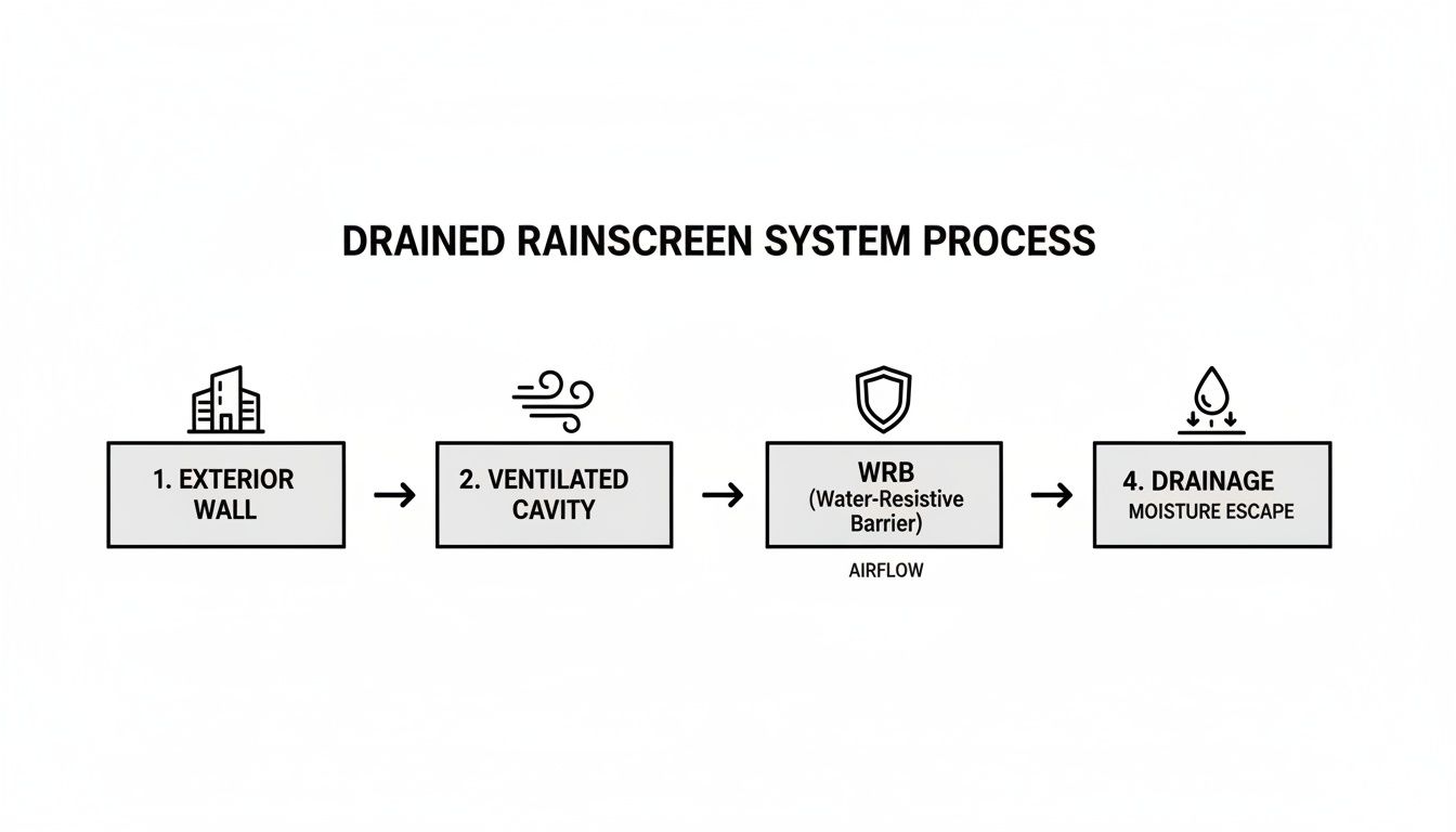A clear flowchart illustrating the four steps of a drained rainscreen system process.