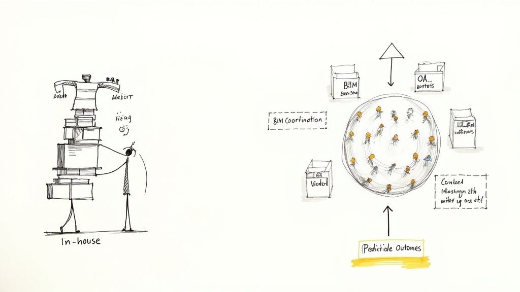 Hand-drawn diagrams contrasting complex in-house project management with efficient BIM coordination.