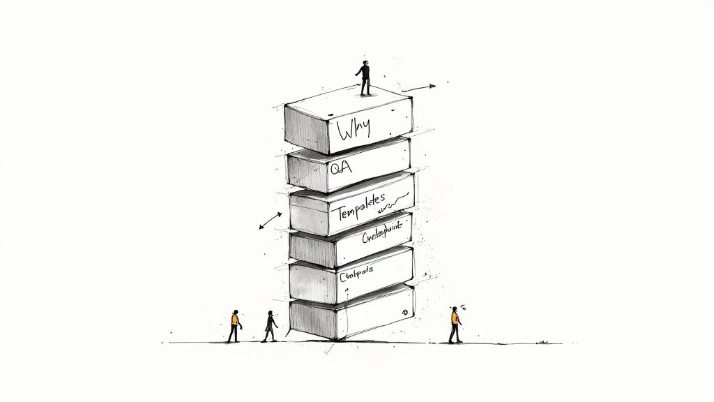 Hand-drawn illustration of a towering stack of process blocks labeled 'Why', 'QA', 'Templates', 'Checkpoints', with small human figures.