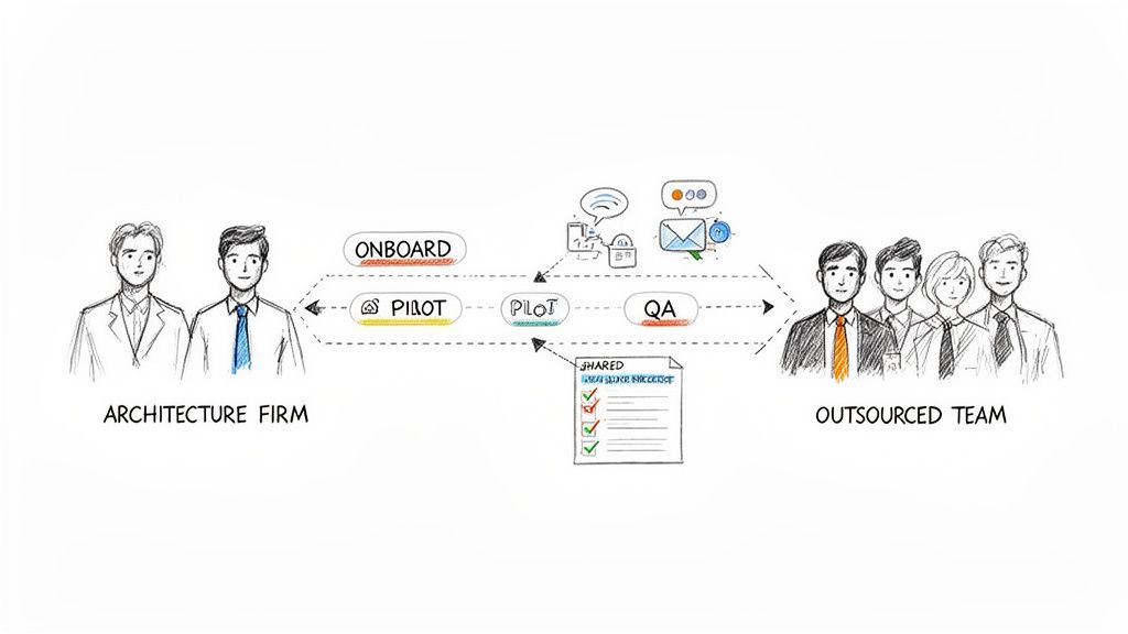Diagram showing an architecture firm onboarding and piloting projects with an outsourced team, emphasizing data security.