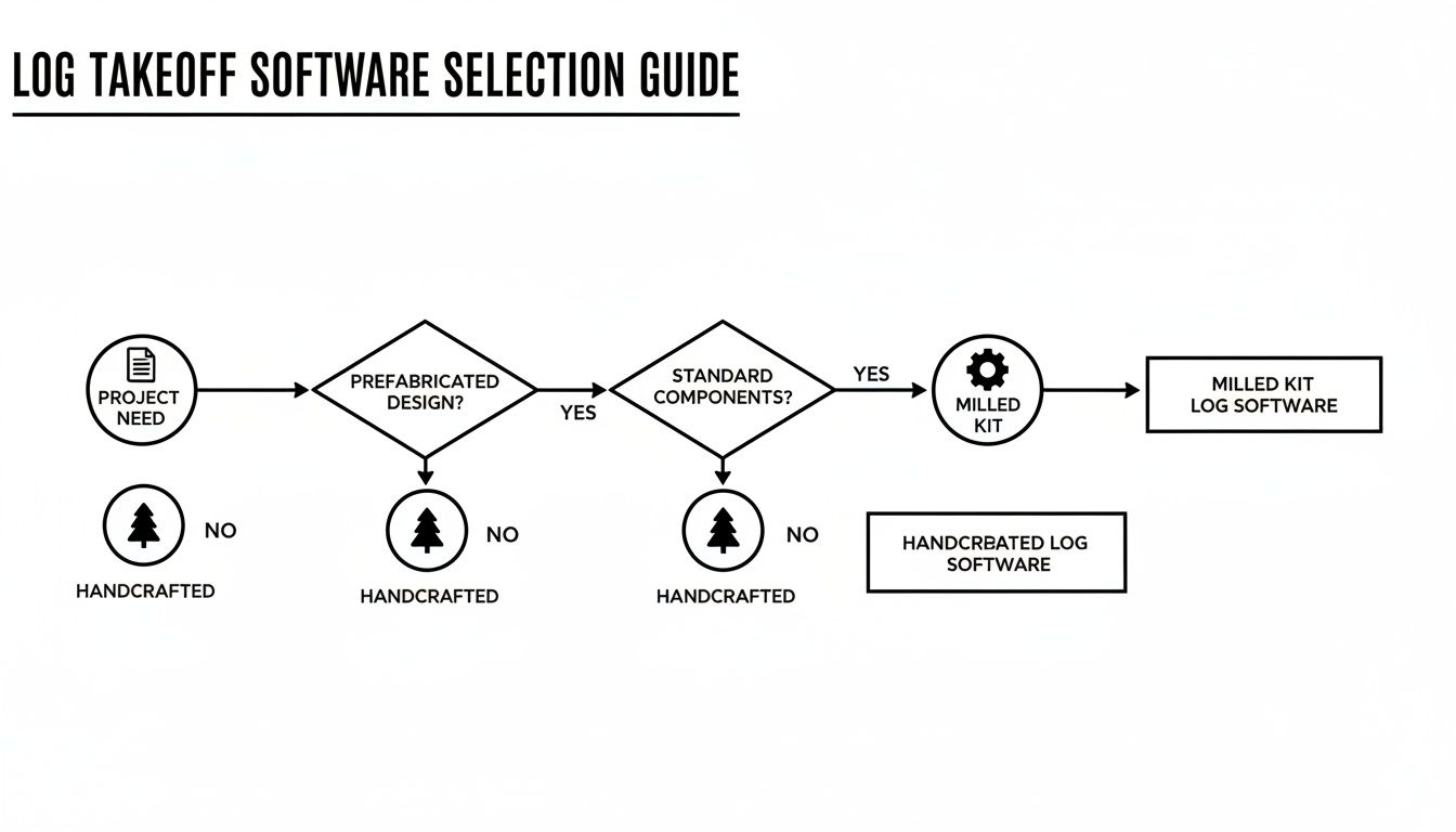 A flowchart titled 'LOG TAKEOFF SOFTWARE SELECTION GUIDE' illustrates choosing software based on prefabricated design and standard components.