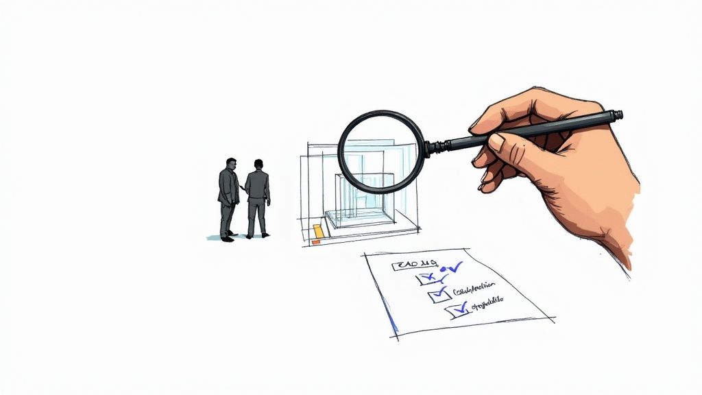 A team of professionals reviewing a digital BIM model on a large screen, evaluating a Scan to BIM partner's work.