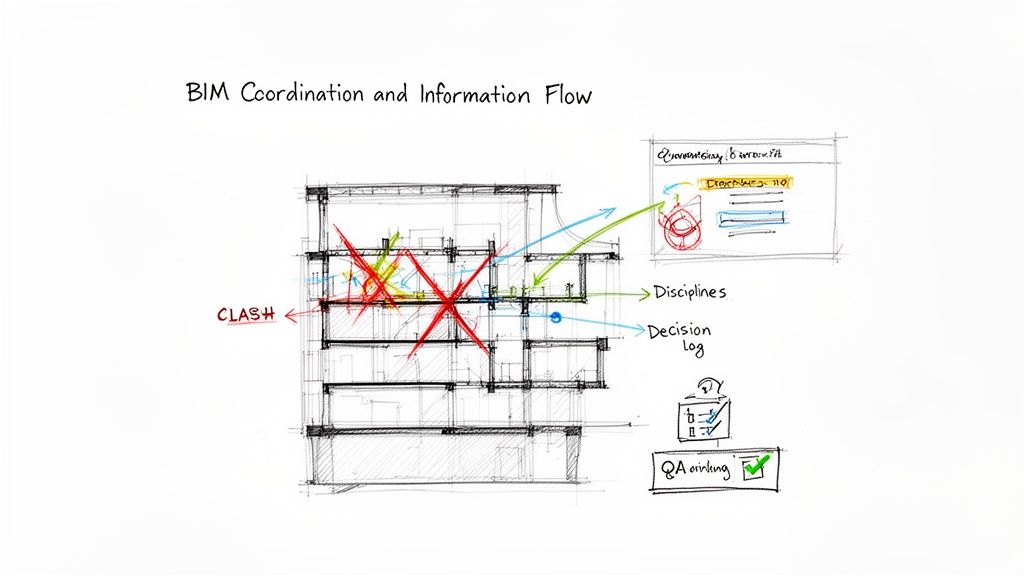 Hand-drawn diagram illustrating BIM coordination, clash detection, information flow, and quality assurance.