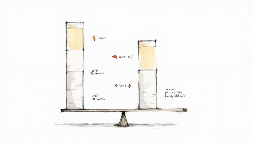 Hand-drawn comparison of Revit and Archicad software on a balancing scale, highlighting MEP and project delivery.