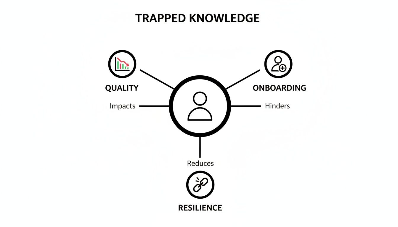 A diagram showing how trapped knowledge impacts quality, hinders onboarding, and reduces resilience.
