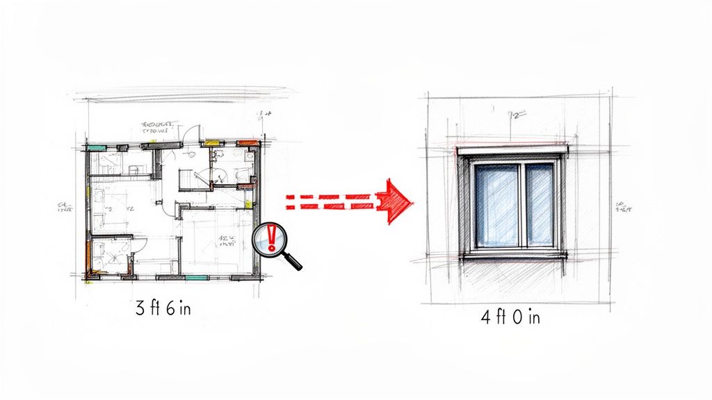 Architectural sketch showing a floor plan with a 3 ft 6 in window, leading to a window detail showing 4 ft 0 in, highlighting a dimension discrepancy.