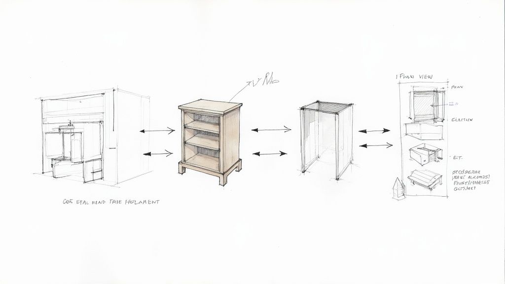 Detailed design sketches illustrating a corner end table replacement with plan, elevation, and 3D views.