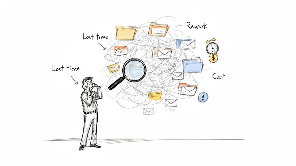 A frustrated man looking at a chaotic mess of folders, emails, and papers, signifying lost time and costs.